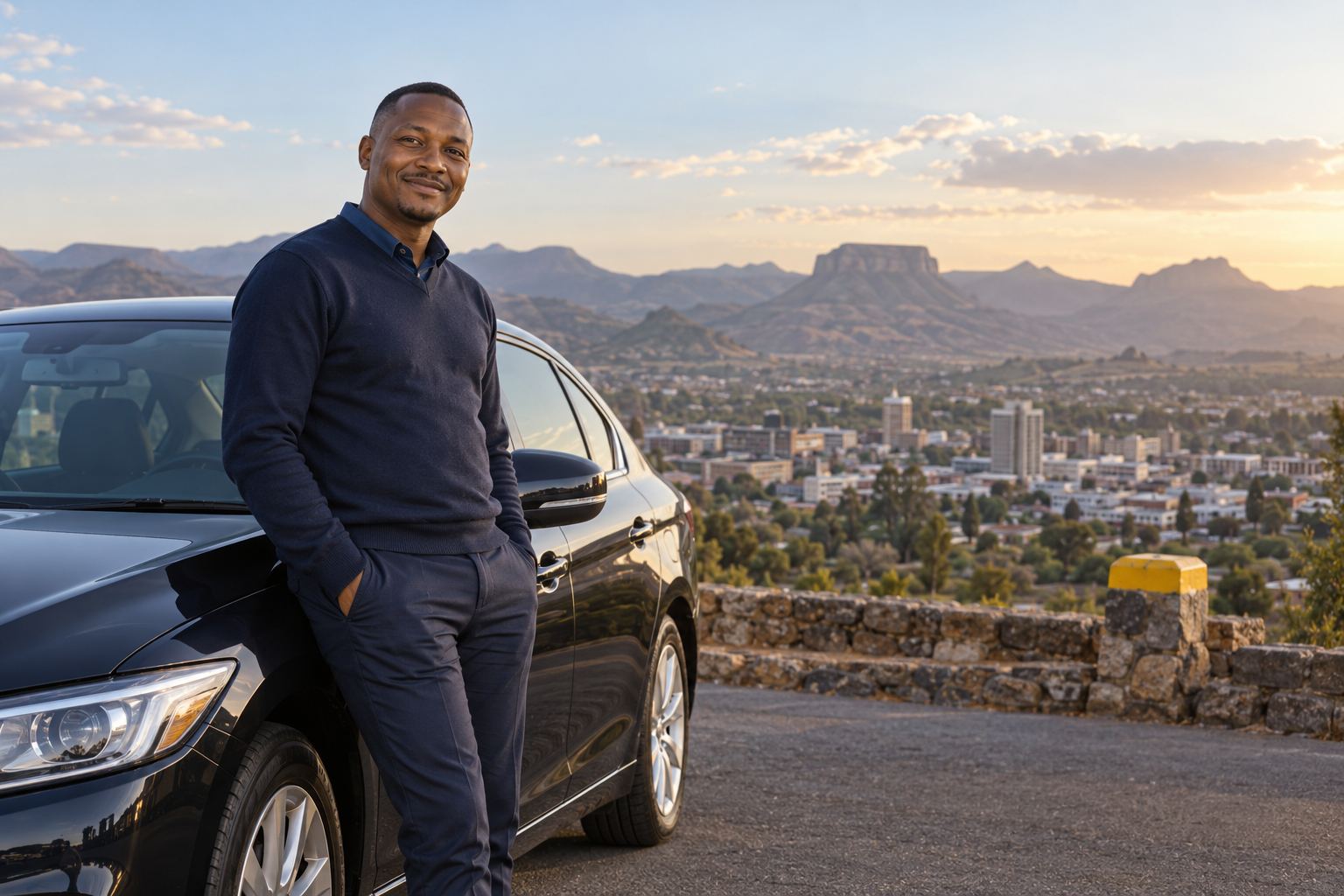 A LocalLift driver standing beside his car overlooking Maseru
